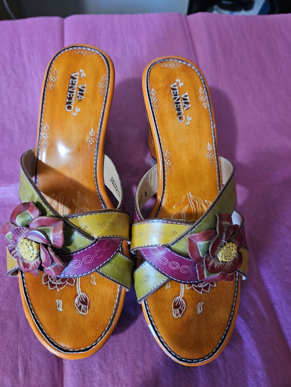 Via Veneto Women's Multicolor Floral Slide Sandals - Orange, Green & Pink